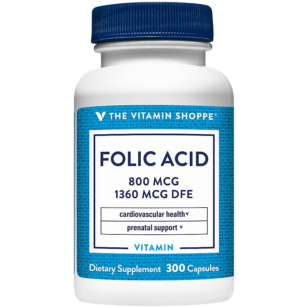 The Vitamin Shoppe Folic Acid 800MCG, Supports Prenatal & Fetal Development (300 Capsules) The Vitamin Shoppe