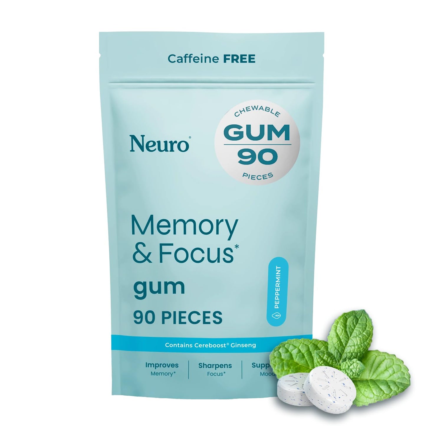 Neuro Memory & Focus Gum - Nootropic Gum with Vitamin B12, Vitamin B6, L-Theanine & Ginseng Extract - Natural Brain Support Supplement - Vegan, Caffeine & Sugar Free Chews - Peppermint, 90 ct NeuroBuy Supplements Australia