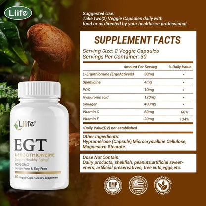 LIIFE L-Ergothioneine Supplement (EGT) 30mg,Compound Antioxidant Supplement (May Support Longevity and Healthy Aging) Promotes Skin Health，60 Capsules，Non-GMO, Gluten Free, Vegan Safe LIIFE buy supplements Au