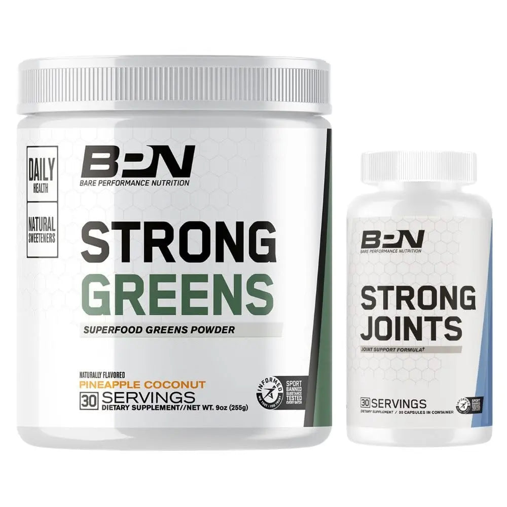 Two supplement containers labeled 'Strong Greens' and 'Strong Joints' by BPN on a white background.