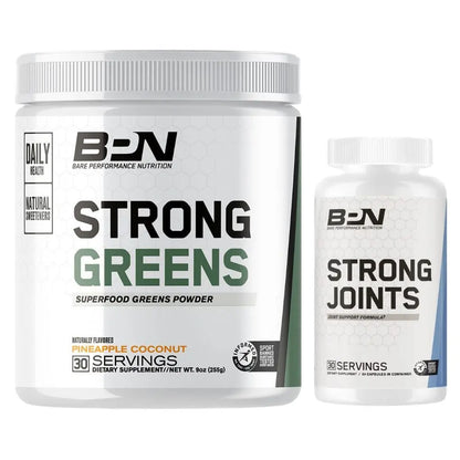 Two supplement containers labeled 'Strong Greens' and 'Strong Joints' by BPN on a white background.