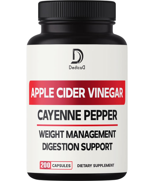 12in1 Apple Cider Vinegar Supplements - 200 Capsules with Cayenne Pepper, Grape Seed DEDICAD