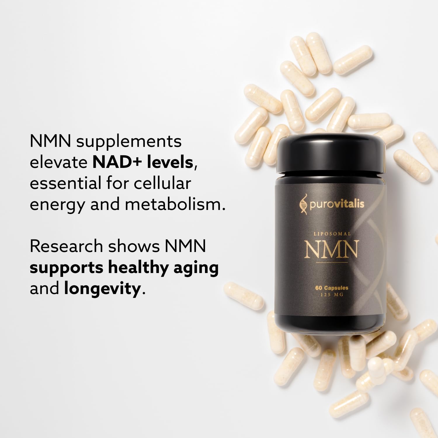 PUROVITALIS Liposomal NMN, 250mg Longevir Nicotinamide Mononucleotide Supplement, NAD+ Boost for Cellular Health, Energy & Healthy Aging, 1-Month Supply (60 Vegan Capsules) PUROVITALISBuy Supplements Australia
