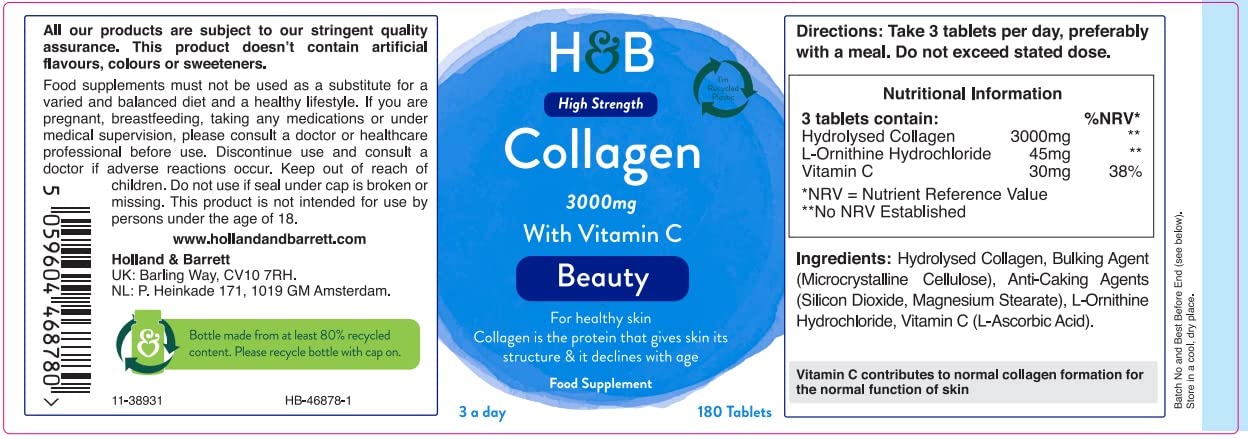 Holland & Barrett Bovine Collagen Tablet 3000mg - Type I Collagen Peptides - Hydrolysed Collagen with Vitamin C - Hair, Skin & Nails Holland & BarrettBuy Supplements Australia