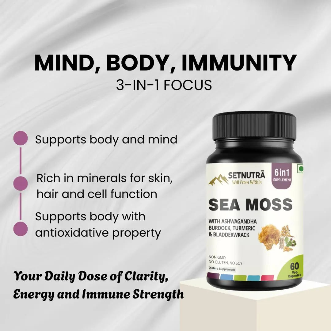 SETNUTRA Well From Within Sea Moss 6 in 1 Super Blend Ashwagandha Burdock Turmeric & Bladderwrack Immunity & Detox Support 60 Veg Capsules Non GMO No Gluten SETNUTRA Well From Within buy supplements Au