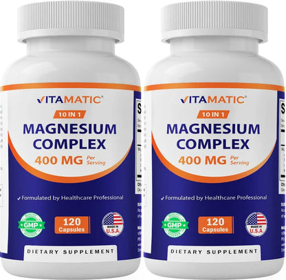 Two bottles of Vitamatic Magnesium Complex dietary supplements on a white background