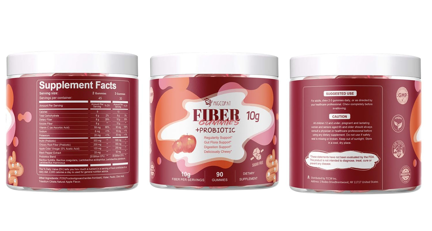 Migcopat Fiber Gummies with Probiotics,10G Fiber per Serving No Sugar Added Apple Flavor, with 10 Billion CFU Probiotics Blend, Apple Cider Vinegar,