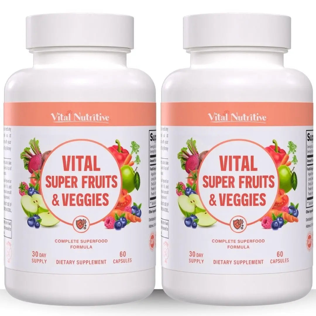 Two bottles of Vital Nutritive Super Fruits & Veggies supplements on a white background