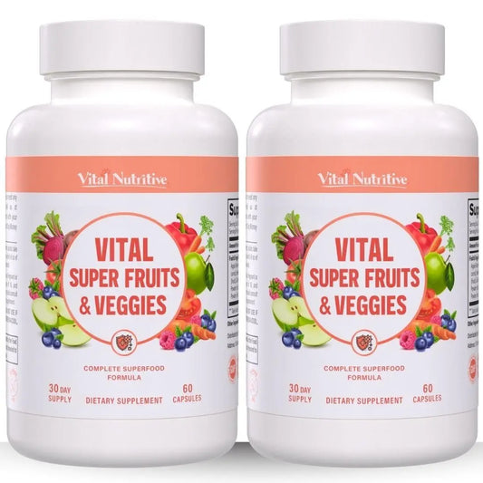 Two bottles of Vital Nutritive Super Fruits & Veggies supplements on a white background