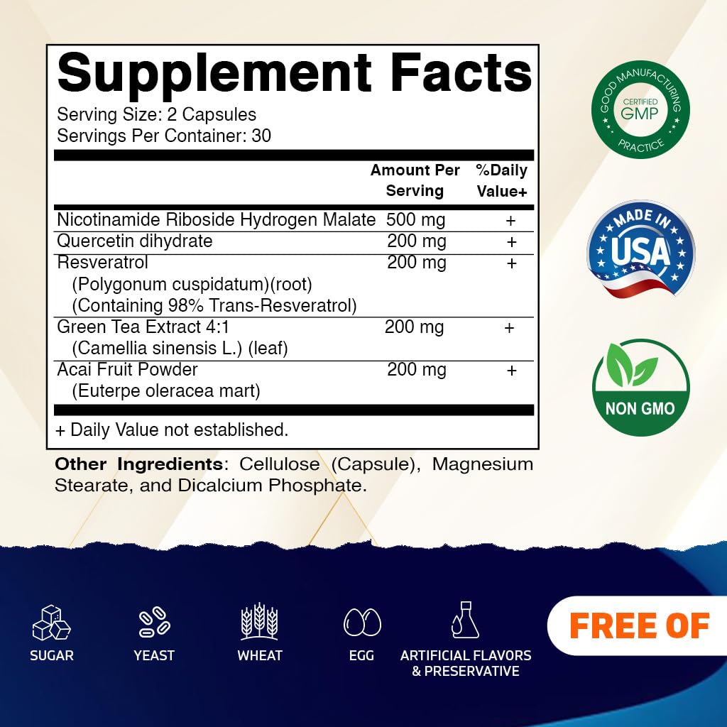 Vitamatic NAD Nicotinamide Riboside Supplement 1300mg 60 Ct - Support Healthy Aging, Cellular Energy Production, Made with Riboside, Quercetin, Resveratrol, Green Tea, & Acai Powder VitamaticBuy Supplements Australia