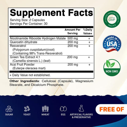 Vitamatic NAD Nicotinamide Riboside Supplement 1300mg 60 Ct - Support Healthy Aging, Cellular Energy Production, Made with Riboside, Quercetin, Resveratrol, Green Tea, & Acai Powder VitamaticBuy Supplements Australia