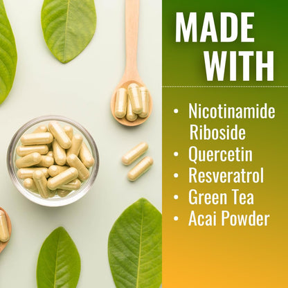 Vitamatic NAD Nicotinamide Riboside Supplement 1300mg 60 Ct - Support Healthy Aging, Cellular Energy Production, Made with Riboside, Quercetin, Resveratrol, Green Tea, & Acai Powder VitamaticBuy Supplements Australia