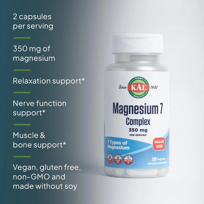 KAL Magnesium Complex 7 - Total Complex with Magnesium Glycinate, Citrate, Malate and More - Relaxation and Whole Body Support Supplements - Vegan, 60-Day Guarantee - 60 Servings - 120 VegCaps KAL buy supplements Au