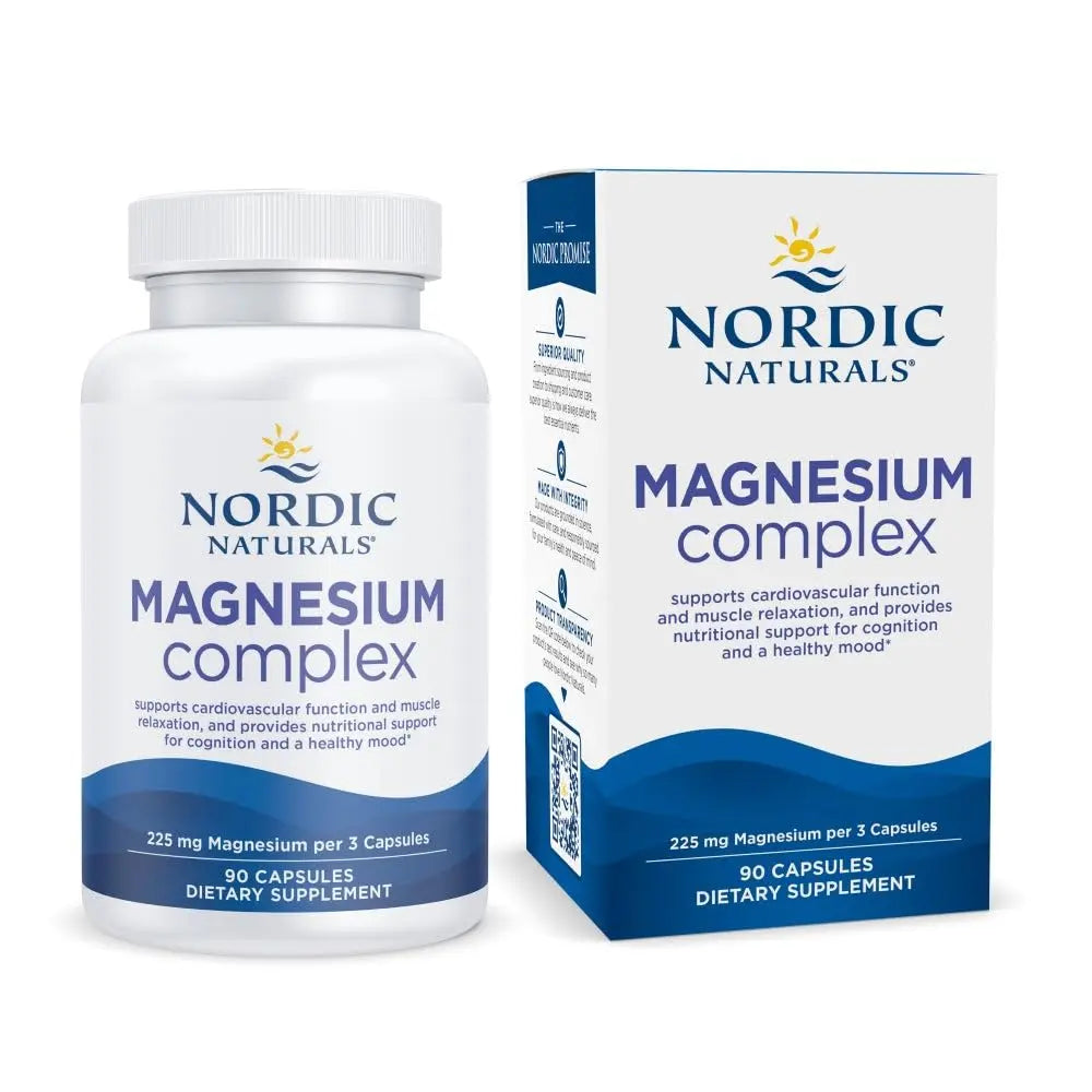 Nordic Naturals Magnesium Complex supplement bottle and packaging on a white background