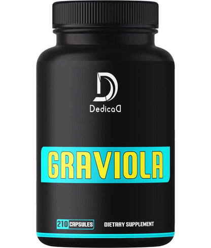 Black dietary supplement bottle labeled 'Graviola' with DedicaD branding on a white background