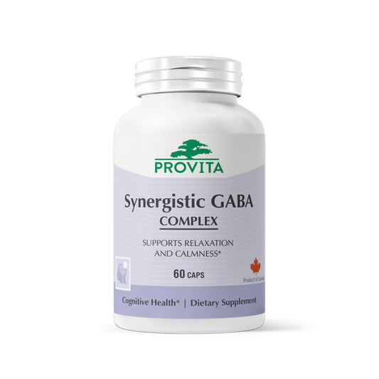 Supplement bottle labeled 'Synergistic GABA Complex' by Provita on a white background