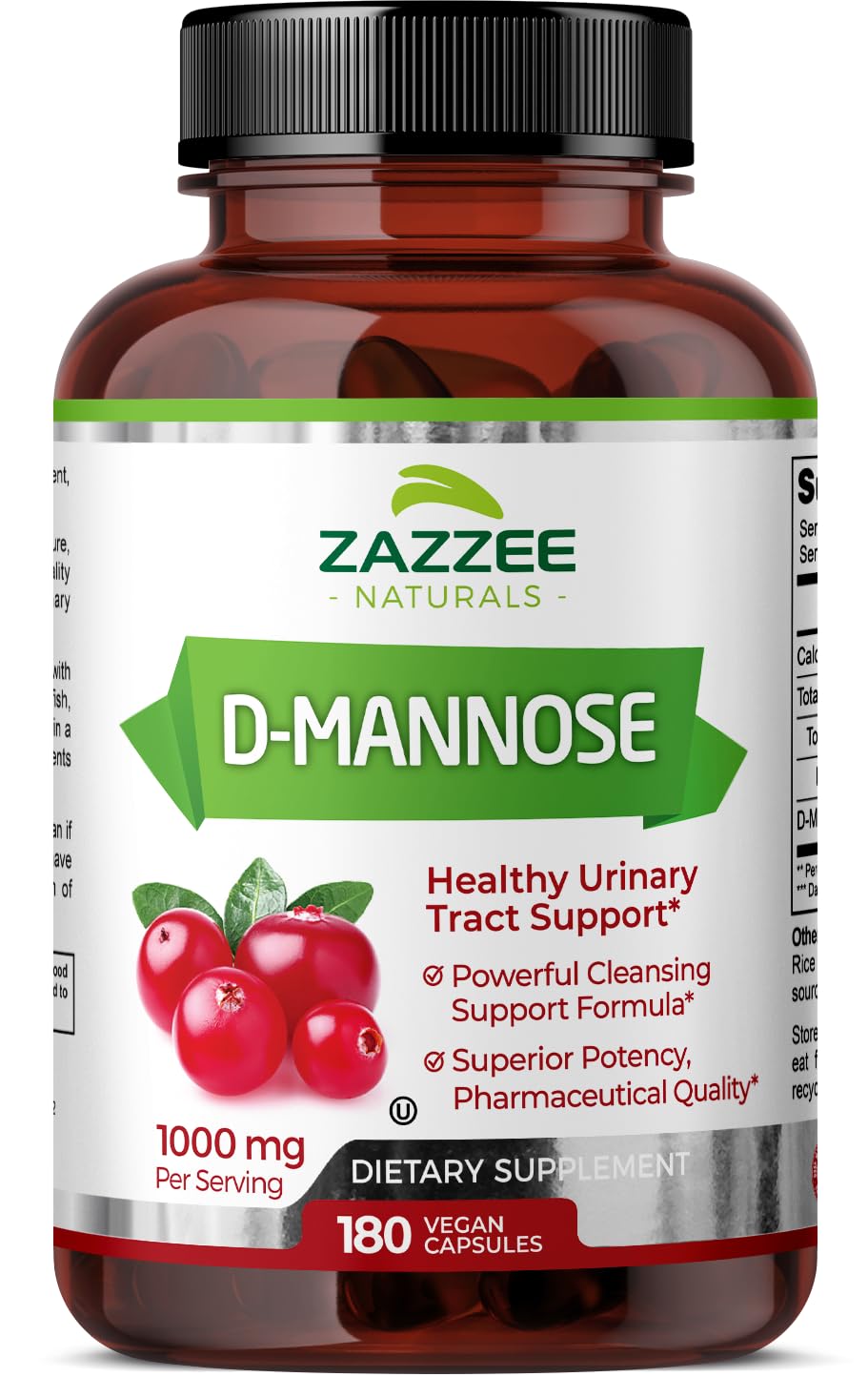 Zazzee D-Mannose, 1000 mg per Serving, 180 Vegan Capsules, 3 Month Supply, Potent Zazzee