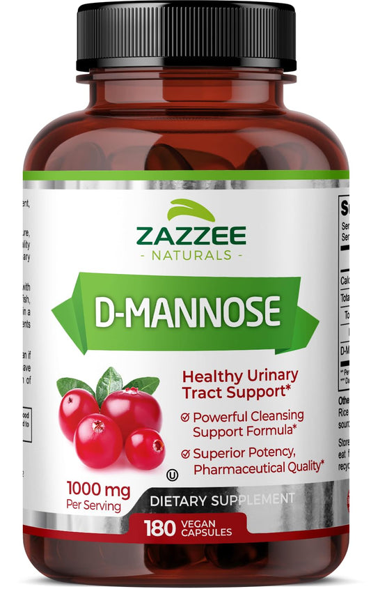 Zazzee D-Mannose, 1000 mg per Serving, 180 Vegan Capsules, 3 Month Supply, Potent Zazzee