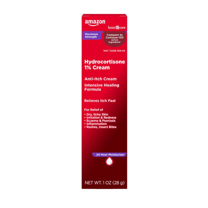Amazon Basic Care Hydrocortisone 1% Cream packaging on a white background