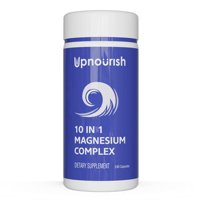 Supplement container labeled 'Upnourish 10 in 1 Magnesium Complex' on a white background