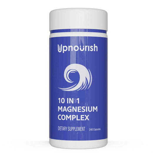 Supplement container labeled 'Upnourish 10 in 1 Magnesium Complex' on a white background