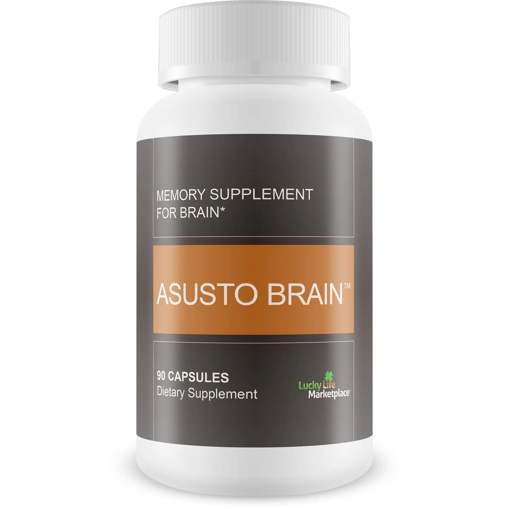 Memory supplement for brain bottle labeled 'ASUSTO BRAIN' on a white background