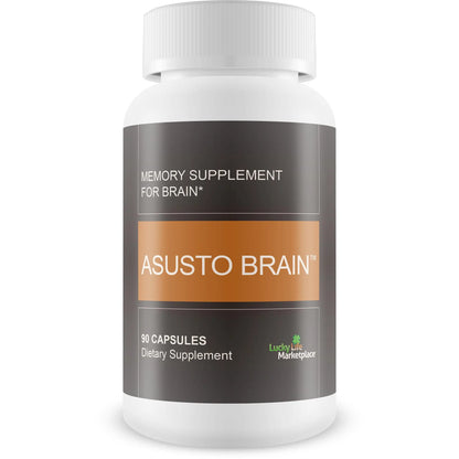 Memory supplement for brain bottle labeled 'ASUSTO BRAIN' on a white background