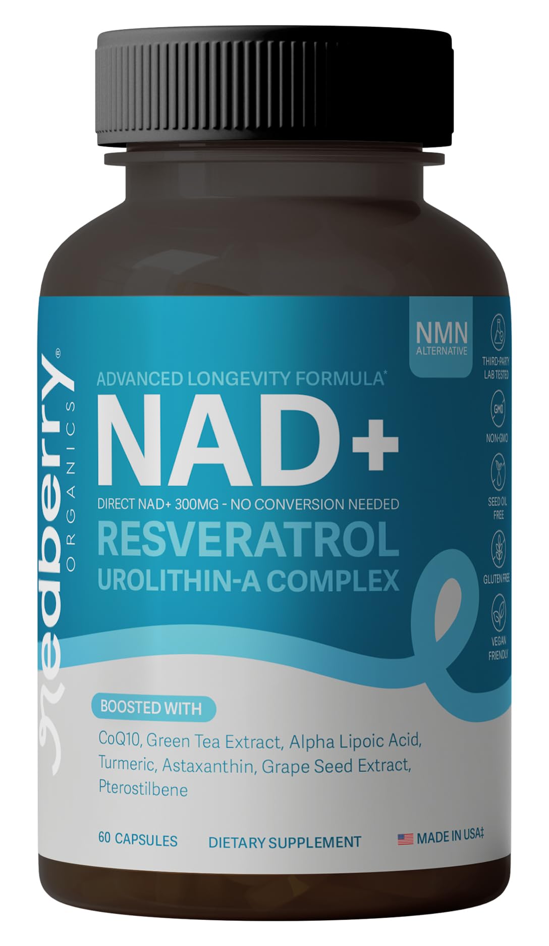 NAD Supplement with Direct NAD+ 300mg (NAD Plus) | Advanced Longevity Complex with Urolithin A & Resveratrol | NMN Alternative | 60 Capsules | Non-GMO, Gluten Free | Made in USA Redberry OrganicsBuy Supplements Australia