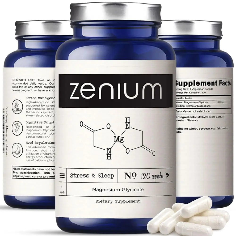 Three bottles of Zenium dietary supplements with a focus on one bottle.