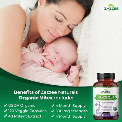 Zazzee USDA Organic Vitex, 500 mg Strength, 120 Vegan Capsules, 4 Month Supply Zazzee
