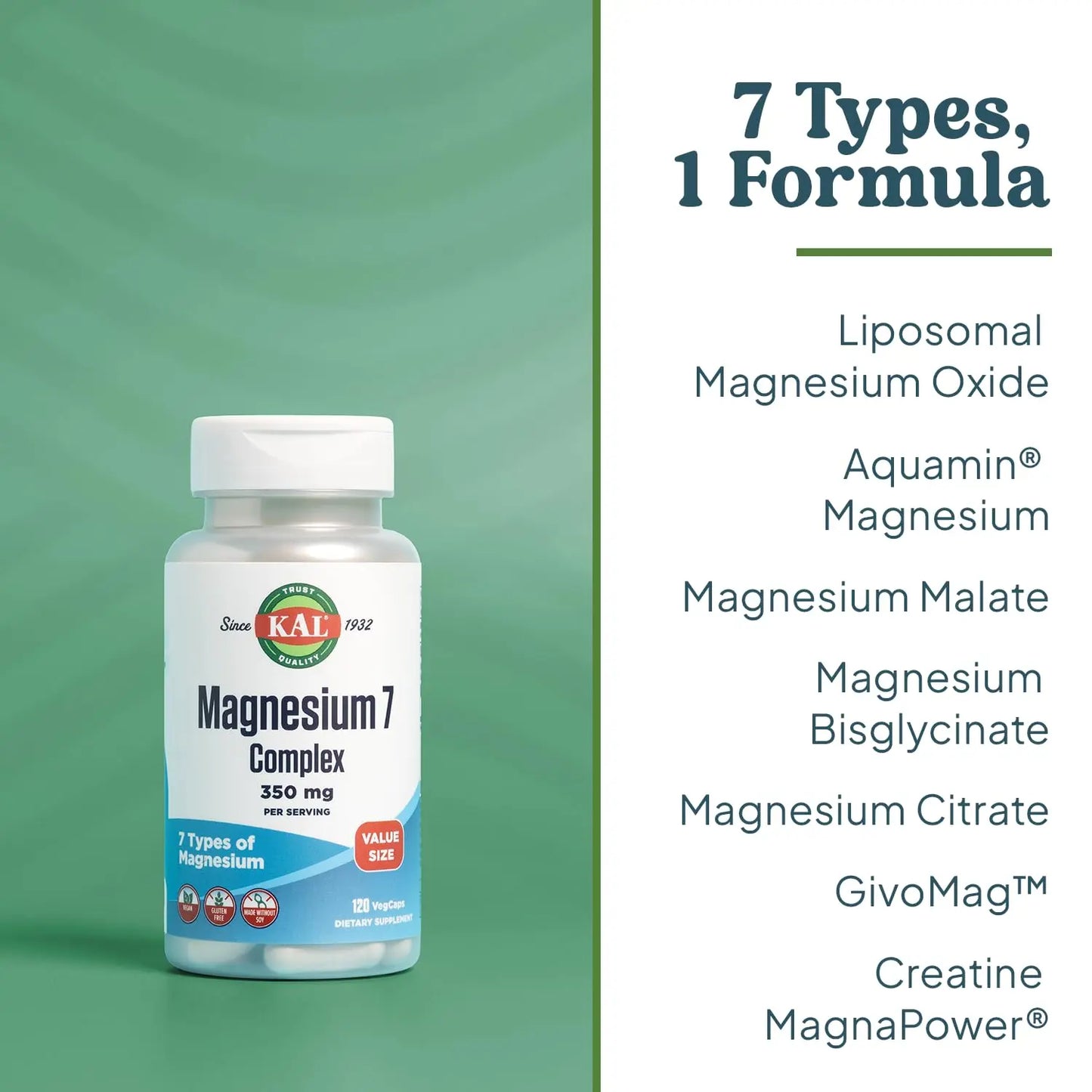 KAL Magnesium Complex 7 - Total Complex with Magnesium Glycinate, Citrate, Malate and More - Relaxation and Whole Body Support Supplements - Vegan, 60-Day Guarantee - 60 Servings - 120 VegCaps KAL buy supplements Au