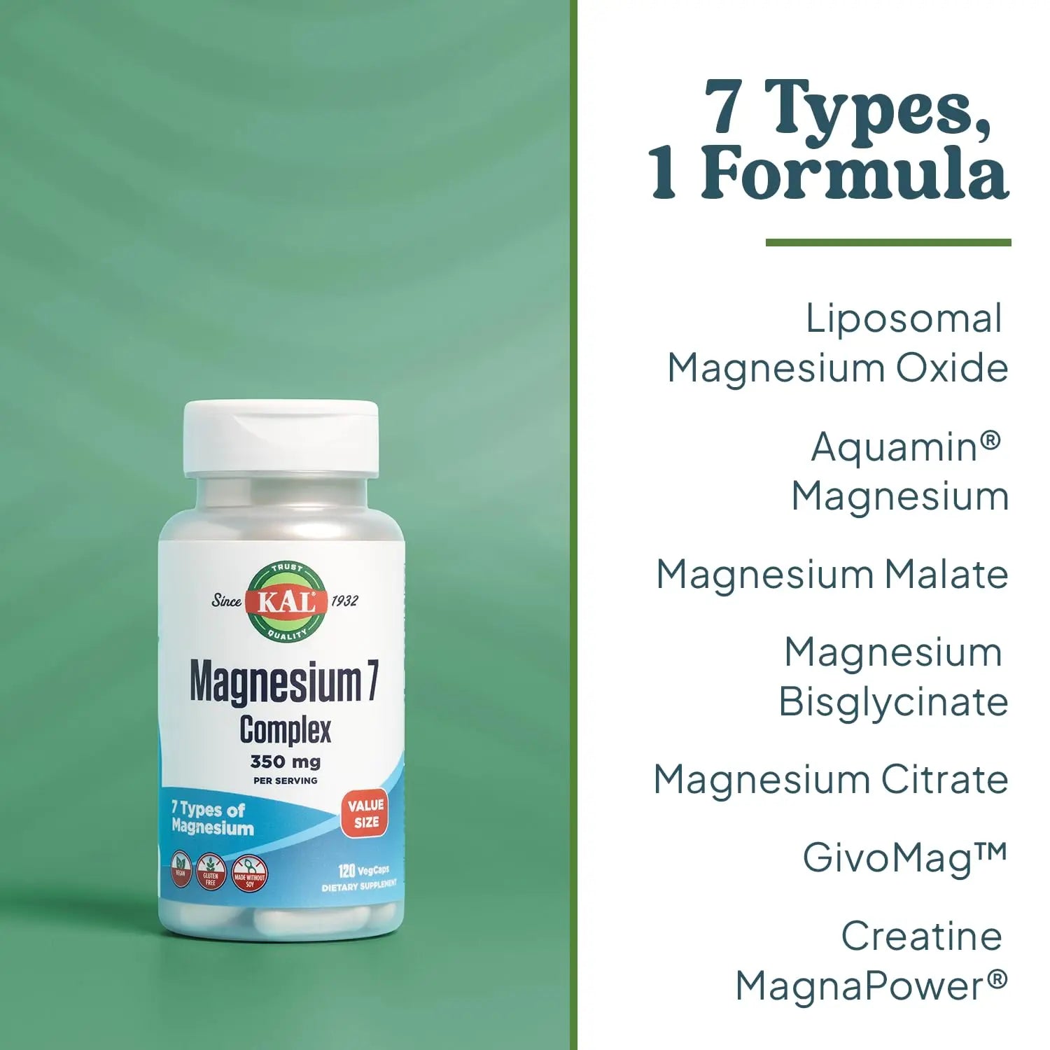 KAL Magnesium Complex 7 - Total Complex with Magnesium Glycinate, Citrate, Malate and More - Relaxation and Whole Body Support Supplements - Vegan, 60-Day Guarantee - 60 Servings - 120 VegCaps KAL buy supplements Au