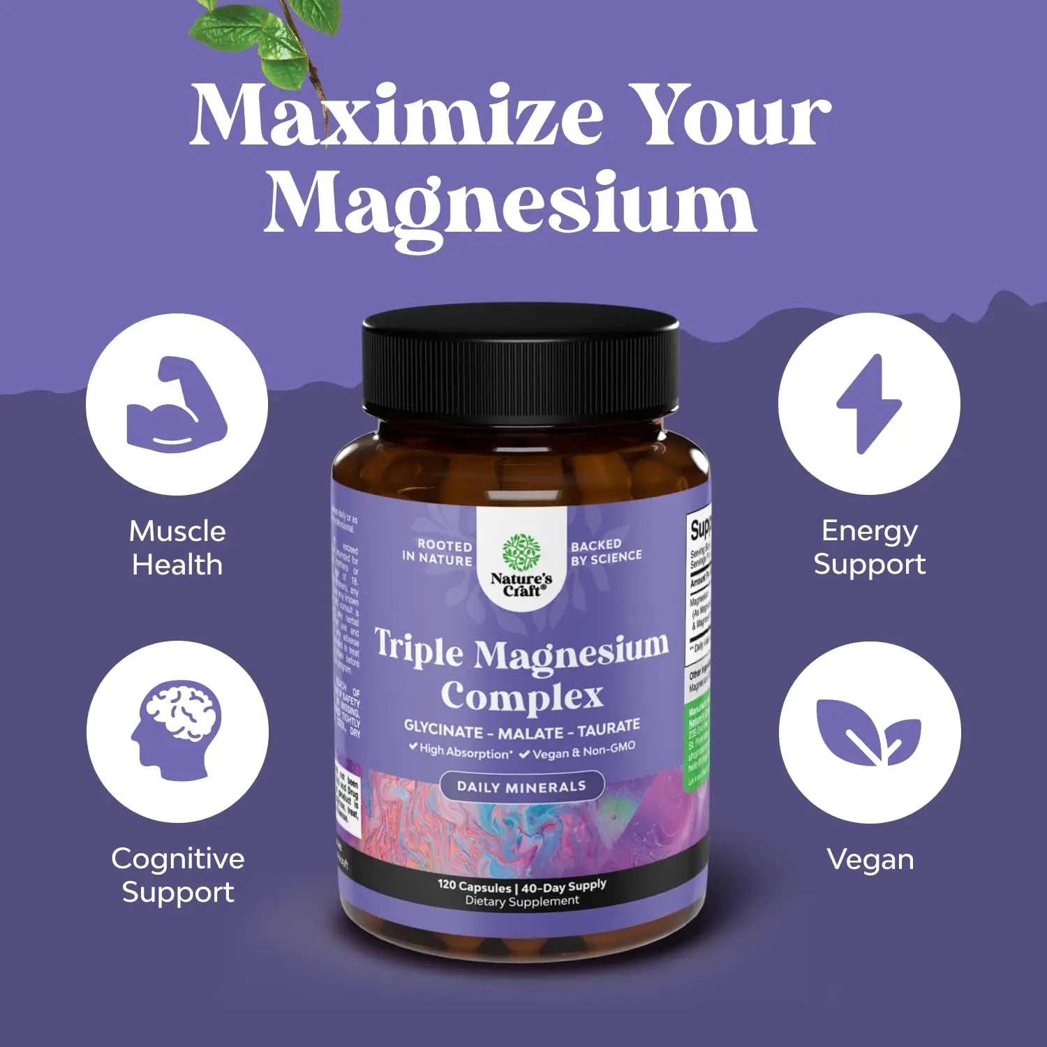 Triple Magnesium Complex Supplement - High Absorption Magnesium Glycinate, Malate & Taurate Blend for Muscles, Energy Support & Heart Health - Triple Mg Complex 400 mg Capsules - 120 Count Natures Craft buy supplements Au