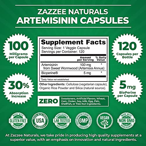 Zazzee High Absorption Artemisinin, 100 mg per Capsule, 120 Vegan Capsules, with 5 mg Zazzee