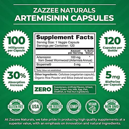 Zazzee High Absorption Artemisinin, 100 mg per Capsule, 120 Vegan Capsules, with 5 mg Zazzee