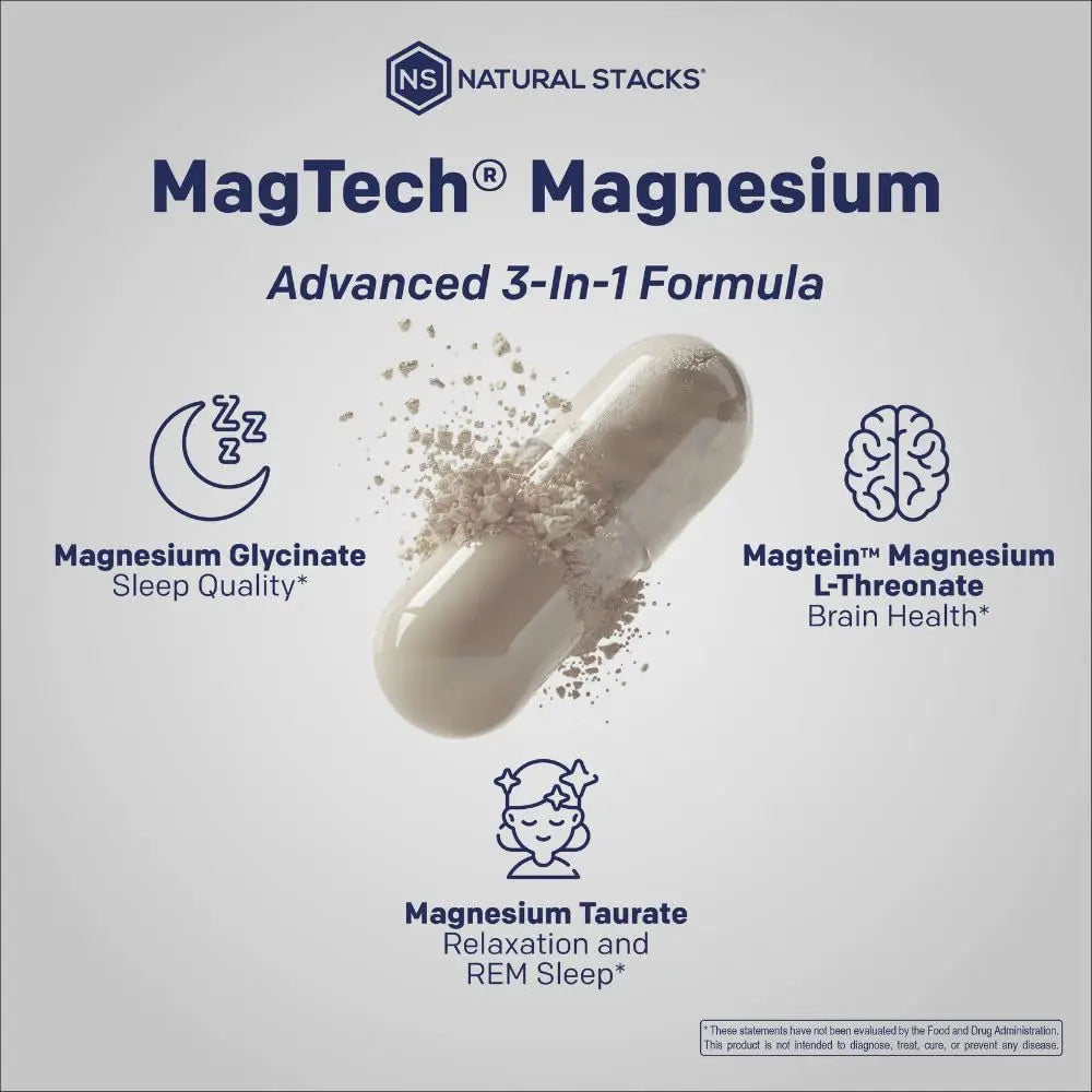 MagTech Magnesium Complex for Women & Men - 3 Forms of Magnesium: Glycinate, Magtein L-Threonate & Taurate - 200mg Chelated Complex NATURAL STACKS