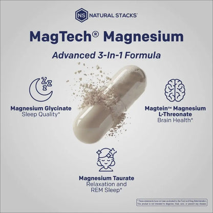 MagTech Magnesium Complex for Women & Men - 3 Forms of Magnesium: Glycinate, Magtein L-Threonate & Taurate - 200mg Chelated Complex NATURAL STACKS
