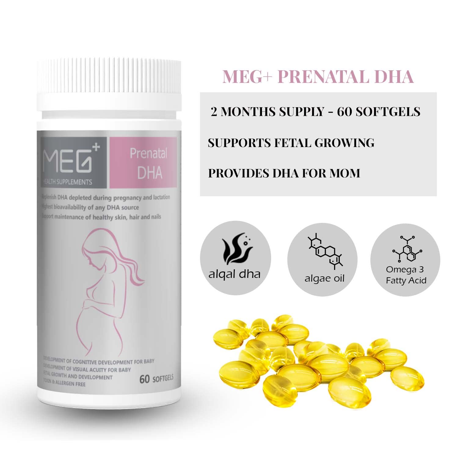 MEG+ Prenatal Supplement DHA Calcium Vitamin | 2-Month Supply 180 Counts |Omega-3 DHA Algal MEG+