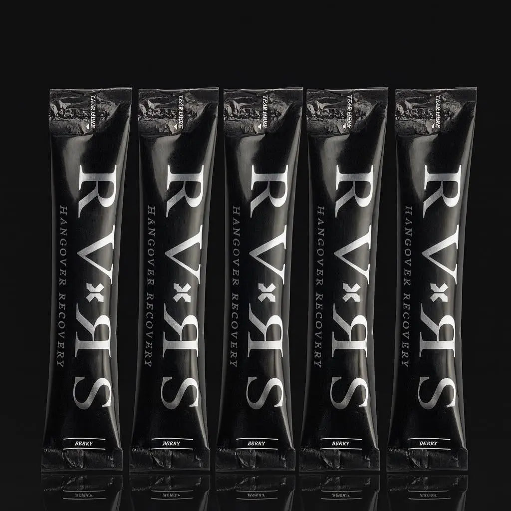 Five black packets of RVNS Hangover Recovery on a black background