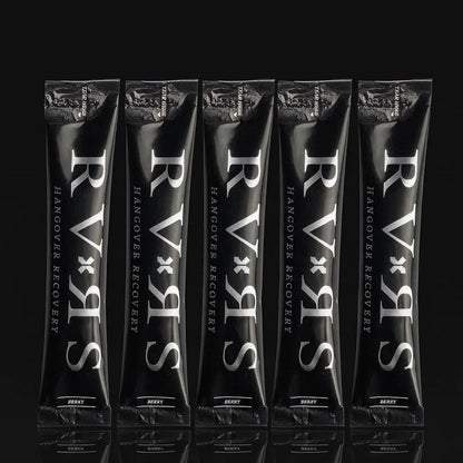 Five black packets of RVNS Hangover Recovery on a black background
