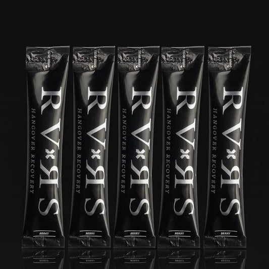 Five black packets of RVNS Hangover Recovery on a black background