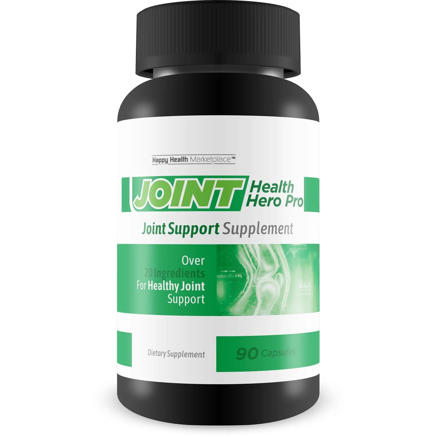 Joint support supplement bottle with green and white label on a white background