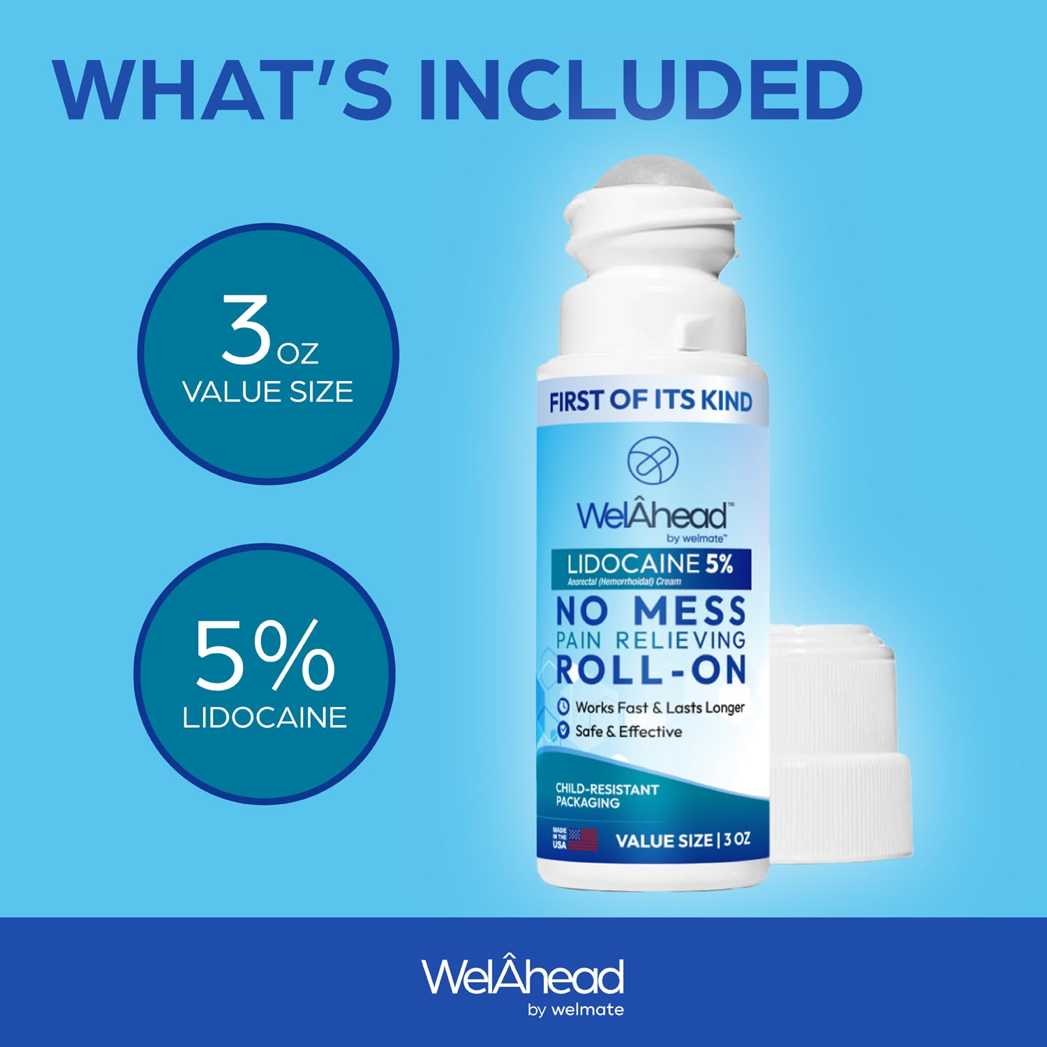 WELMATE - 5% Lidocaine Roll-On (3 oz Value Size) - No Mess Targeted Relief - Topical Anesthetic - Hemorrhoid Relief - Aloe Vera - Fast Acting & Long Lasting - Over-The-Counter Medication - First Aid WELMATEBuy Supplements Australia