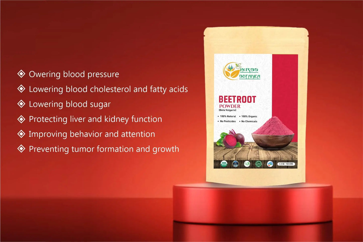 Herbs Botanica Beetroot Powder Organic for Baking and Smoothies | Nitric Oxide Suppement Herbs Botanica