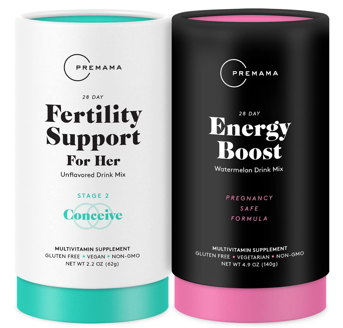 Premama Prenatal Vitamin Energy Boost Drink Mix & Fertility Support Bundle, Omega 3, B Vitamins Premama