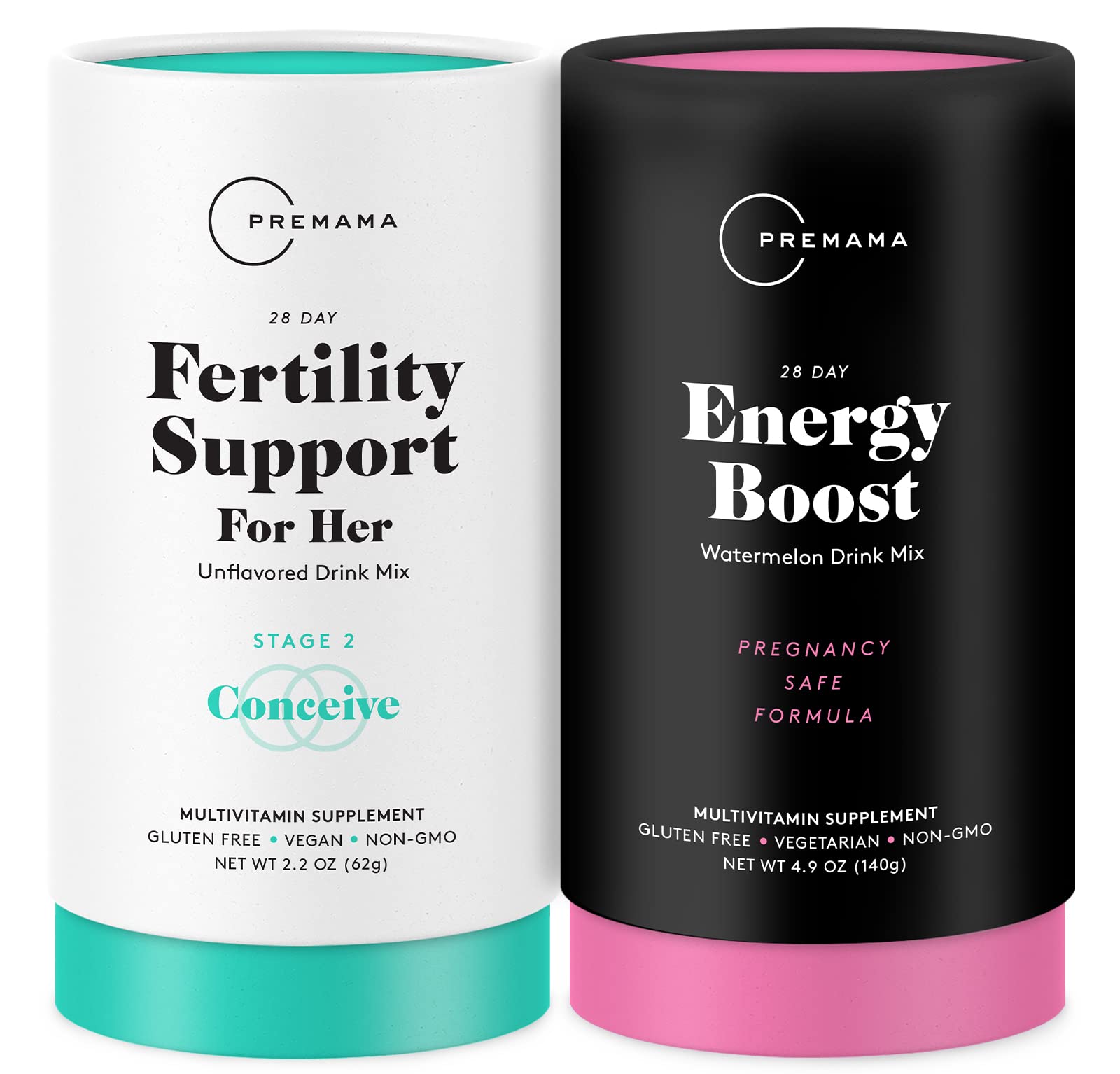 Premama Prenatal Vitamin Energy Boost Drink Mix & Fertility Support Bundle, Omega 3, B Vitamins Premama