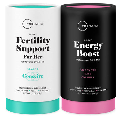 Premama Prenatal Vitamin Energy Boost Drink Mix & Fertility Support Bundle, Omega 3, B Vitamins Premama