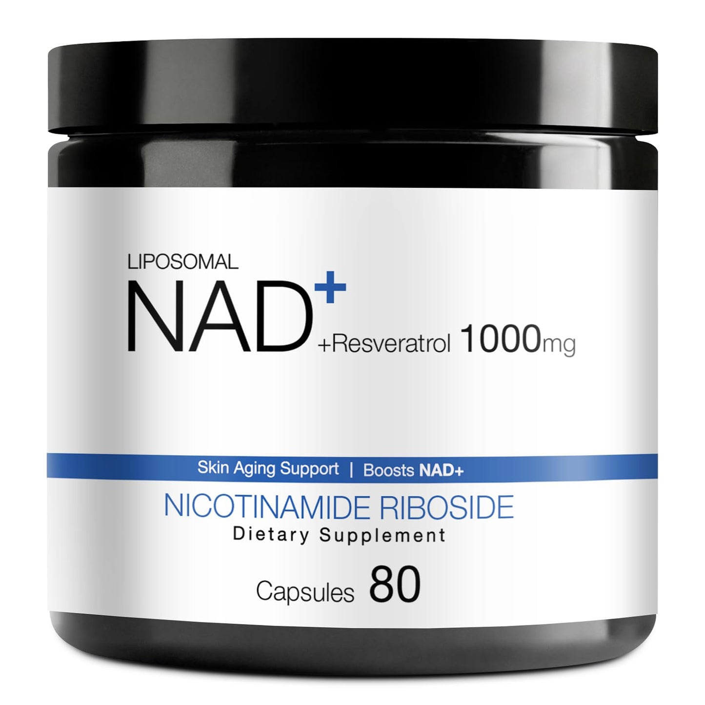 Supplement container labeled 'Liposomal NAD+ Resveratrol 1000mg' on a white background