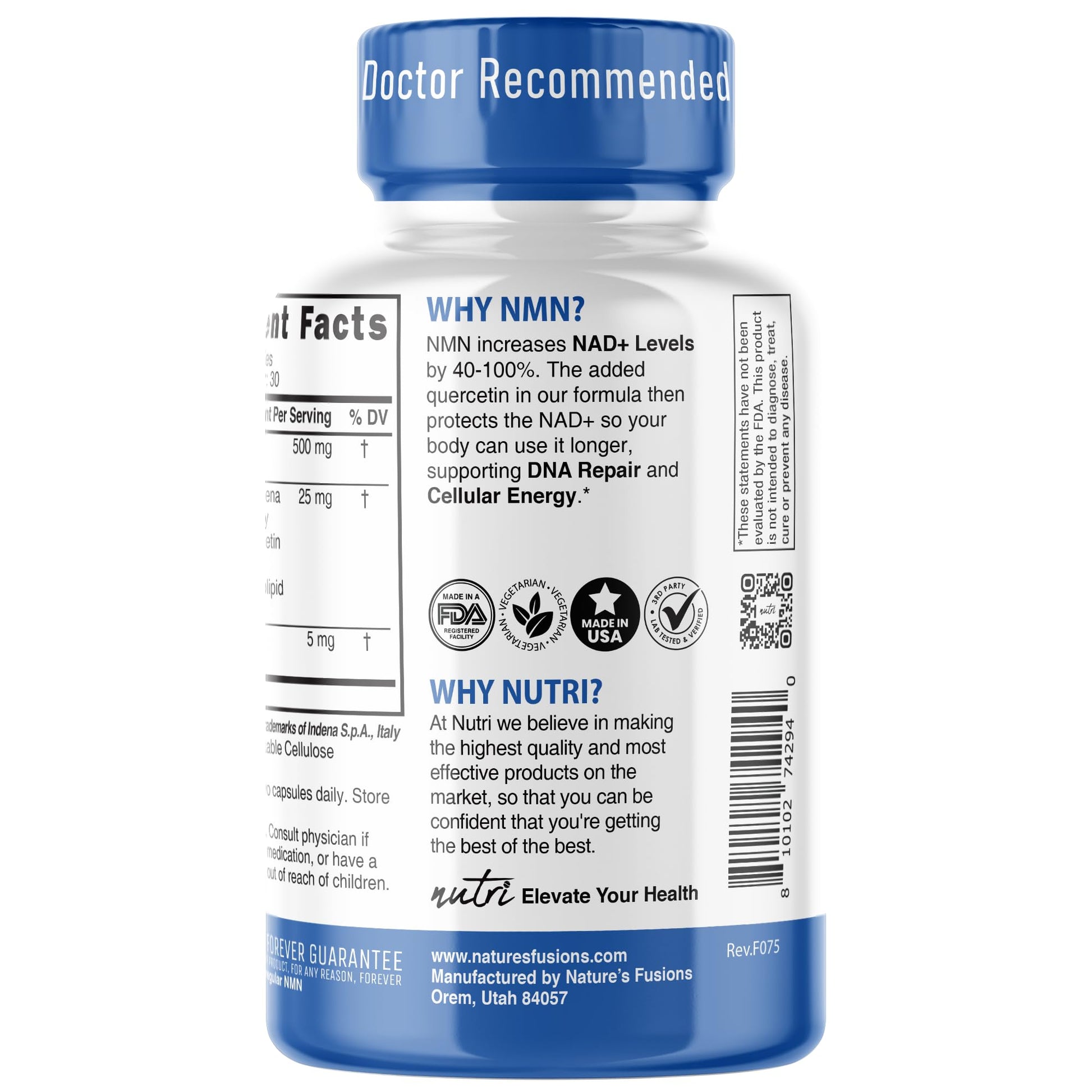 NMN Supplement 500mg NAD Supplement - Nutri Ultra High Absorption Stabilized NMN Nicotinamide Mononucleotide, 40% More NAD+ with Quercetin Phytosome & Black Pepper - mnm supplement (60 Capsules) Nature's FusionsBuy Supplements Australia