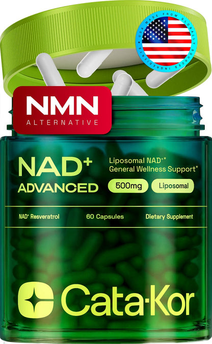 Supplement container labeled 'NAD+ Advanced' by Cata-Kor with NMN logo and USA flag badge.